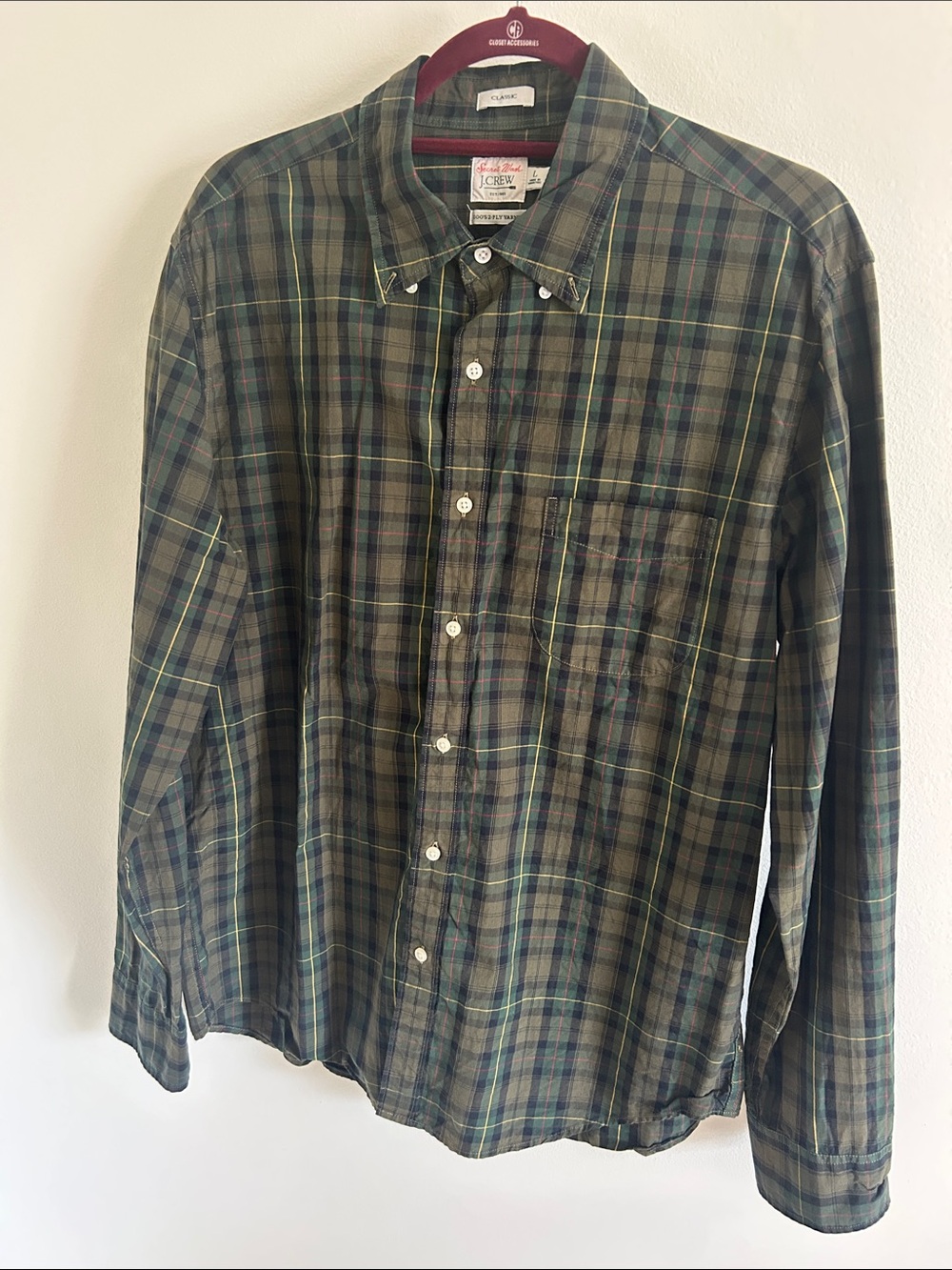 J. Crew Men's Olive and Navy Plaid Long-Sleeve Button-Down Shirt